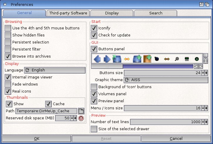 Dir Me Up preferences, 'General' tab
